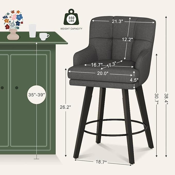 360°Swivel Counter Height Bar Stools with Back, 26 inch Solid Wood Legs, Bar Stool Modern Kitchen Island Chairs, Fabric (Black Grey- Fabric, 26" H- Set of 6)