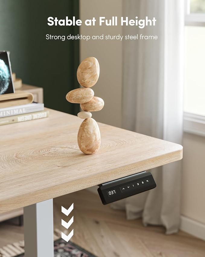 FEZIBO One-Piece Standing Desk Adjustable Height Stand up Home Office Desk, 48x24 Inch Electric Standing Computer Desk, with 4 Memory Presets, Headphone Hook, Maple