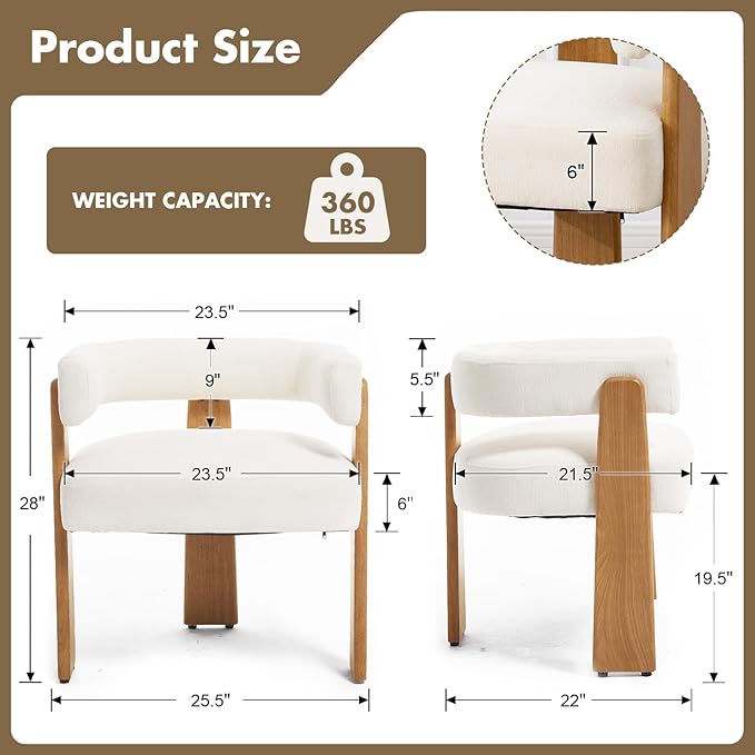 Upholstered White Velvet Dining Chairs Set of 6, Boho Modern Barrel Accent Armchairs, Thick Padded Seat & Natural Wooden Legs, Mid Century Inspired Kitchen/Dining Room Chairs, Creamy White