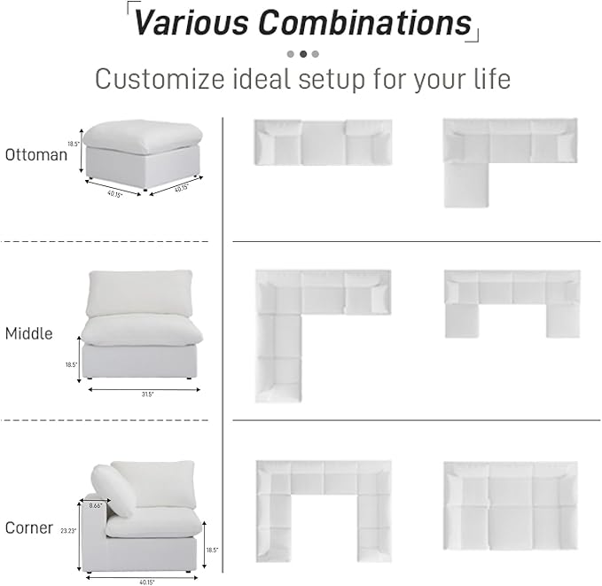 Cloud Couch Modular Sectional Sofa with Storage Ottomans,Oversized Down Filled 8 Seater Convertible Sectional Sofas, White Wide Deep Seat Couch for Living Room,Covers Washable&Replaceable