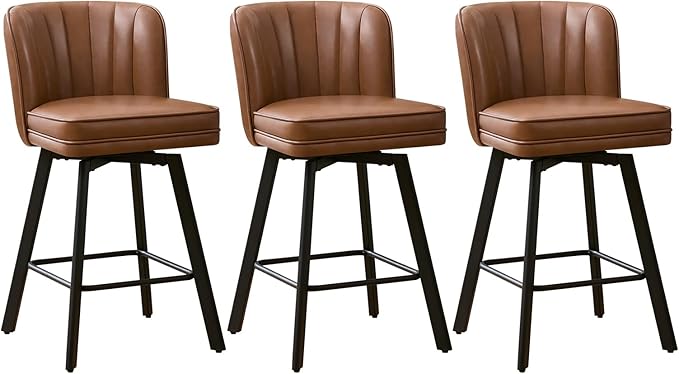Swivel Counter Height Bar Stools Set of 3, 26'' Modern Barstools with Backs and Metal Legs, Upholstered Bar Chairs, Faux Leather Dark Brown Stools for Kitchen Island Chairs