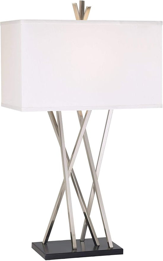 Possini Euro Design Modern Table Lamp 30" Tall Brushed Nickel Silver Open Asymmetry Metal White Linen Rectangular Box Shade for Bedroom Living Room House Home Bedside Nightstand Office Kids Family