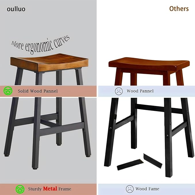 OUllUO Bar Stools Set of 2, Backless Saddle Barstools, 25" Counter Height Bar Stools, Solid Wood Counter Stools with Metal Frame, 521P-BBWD