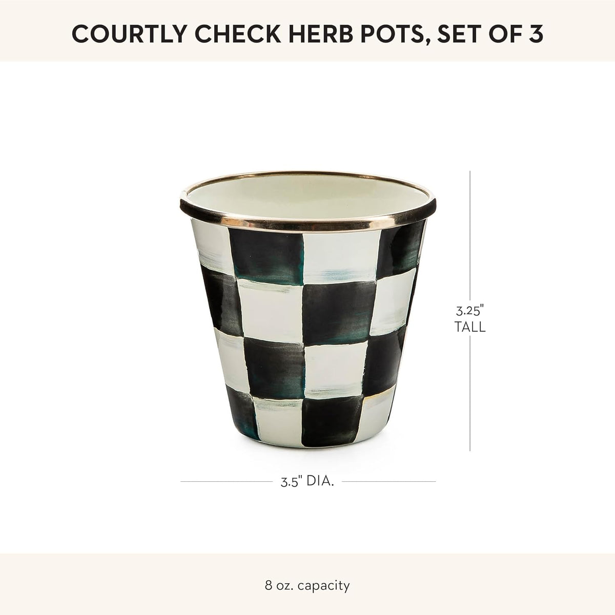 MACKENZIE-CHILDS Enamel Herb Pots, Small Plant Pots for Herbs or Flowers, Set of 3, Black-and-White Courtly Check