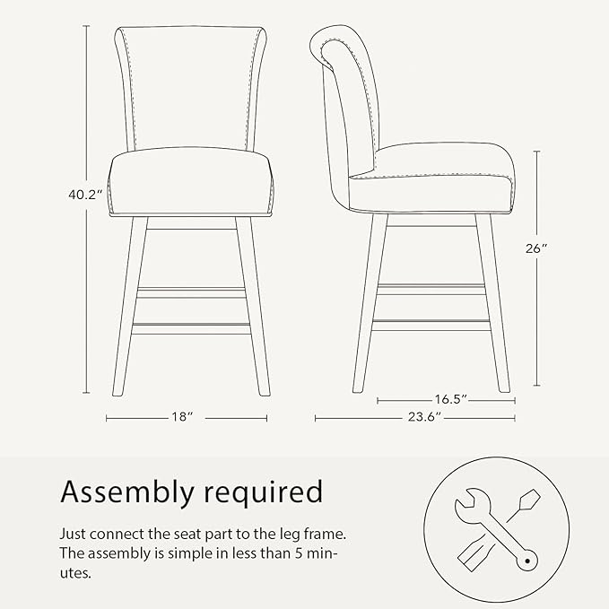 CHITA 26 Inch Counter Height Swivel Bar Stools Set of 2, FSC Certified Modern Fabric Swivel Barstool Chair with Back, Flint Grey