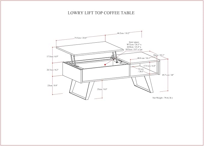 SIMPLIHOME Lowry Lift Top Coffee Table - 48 inch Wide Solid Acacia Wood and Metal Living Room Table in Distressed Charcoal Brown, Modern Industrial Cocktail Table with Hidden Storage and Open Shelf