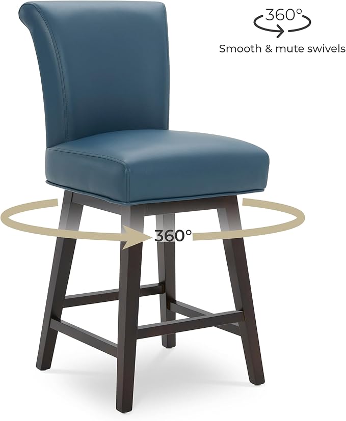 CHITA 26 Inch Counter Height Swivel Bar Stools Set of 2, FSC Certified Modern Upholstered Faux Leather Swivel Barstool Chair with Back, Blue