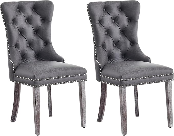 Leather Dining Chair Set of 2, Dining Room Chairs with Nailhead Ring Pull Trim, Upholstered Dining Chairs with Solid Wood Legs for Kitchen Dining Room (Grey)