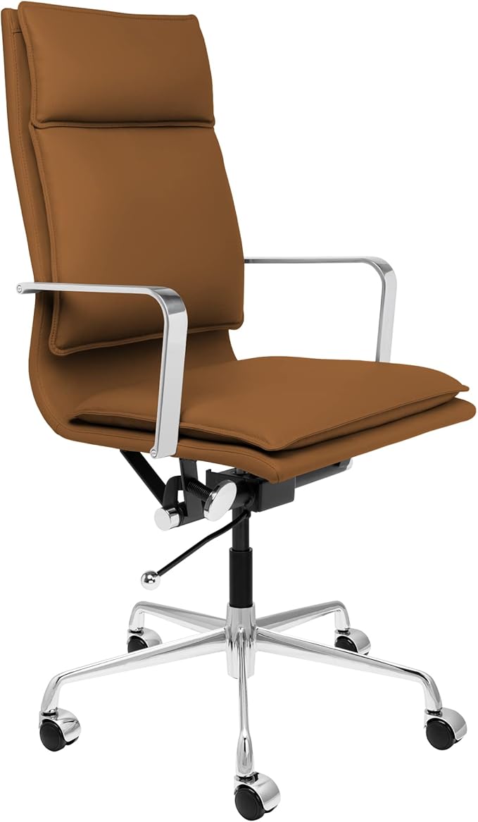 Laura Davidson Furniture Lexi II Padded Office Chair - Tall Back Desk Chair with Arm Rest, Swivel & Cushion Availability, Made of Faux Leather, Brown, Computer Chair