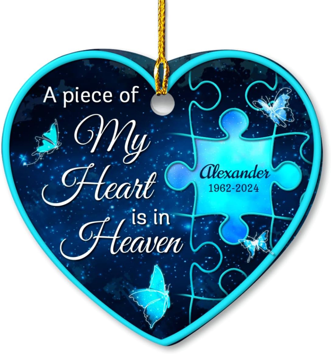 Personalized Memorial Ornaments A Piece of My Heart is in Heaven Ceramic Christmas Ornament in Loving Memory Sympathy Remembrance Keepsake Lost Loved One Gifts Xmas Tree Decorations