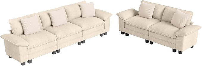L-Shaped Cloud Modular Sofa Set with Chaise Lounge, 5-Piece Sectional & Deep Seat, Plush Chenille w/Removable Arms for Living Room - Beige