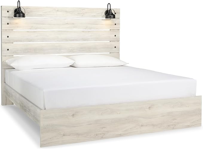 Signature Design by Ashley Cambeck Farmhouse King Panel Bed with Sconce Lights and USB Ports, Foundation or Box Spring Needed, Whitewash