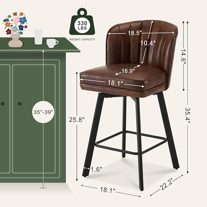 Swivel Counter Height Bar Stools Set of 2, 26'' Modern Barstools with Backs and Metal Legs, Upholstered Bar Chairs, Faux Leather Brown Stools for Kitchen Island Chairs
