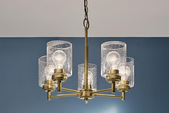 KICHLER Winslow 16.25" 5-Light Chandelier with Clear Seeded Glass in Natural Brass for Kitchen or Dining Area, Luxe Industrial (16.25" x 19.75"), 44030NBR