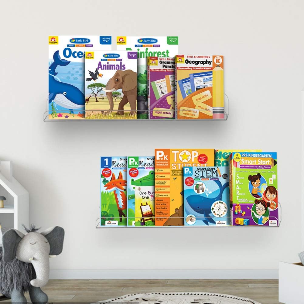 Weiai Clear Acrylic Shelf 15" Invisible Floating Wall Ledge Bookshelf, Kids Book Display Shelves Wall Mounted (15 Inch 4Pack)