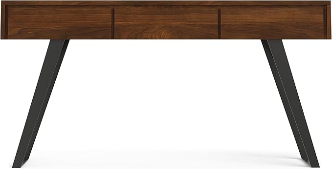 SIMPLIHOME Lowry Console Table - 60 Inch Wide Solid Walnut Veneer and Metal Sofa Table, Modern Industrial Storage Table for Entryway or Living Room with 3 Drawers and Angled Metal Legs