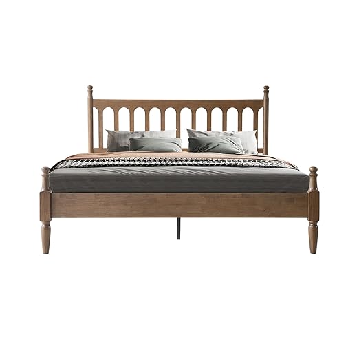 Queen Size Bed Frame with Headboard & Footboard, Solid Wood Platform Design, Center Metal Legs with 12 Durable Slatted Base, No Box Spring Needed, Anti-Slip & Noise-Free, Barnwood Finish, WCQ-30