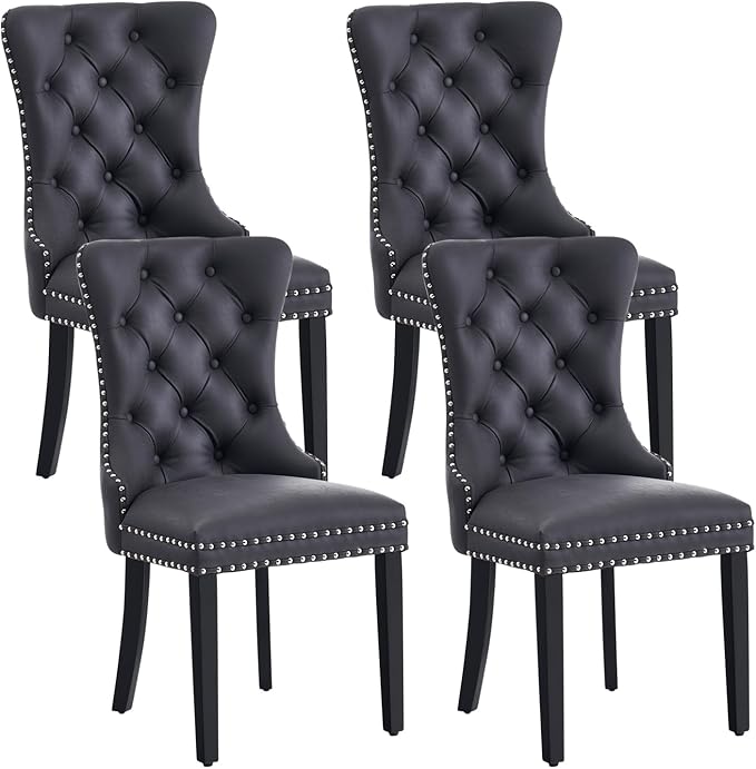 Leather Dining Chair Set of 4, Dining Room Chairs with Nailhead Ring Pull Trim, Upholstered Dining Chairs with Solid Wood Legs for Kitchen Dining Room (Black)