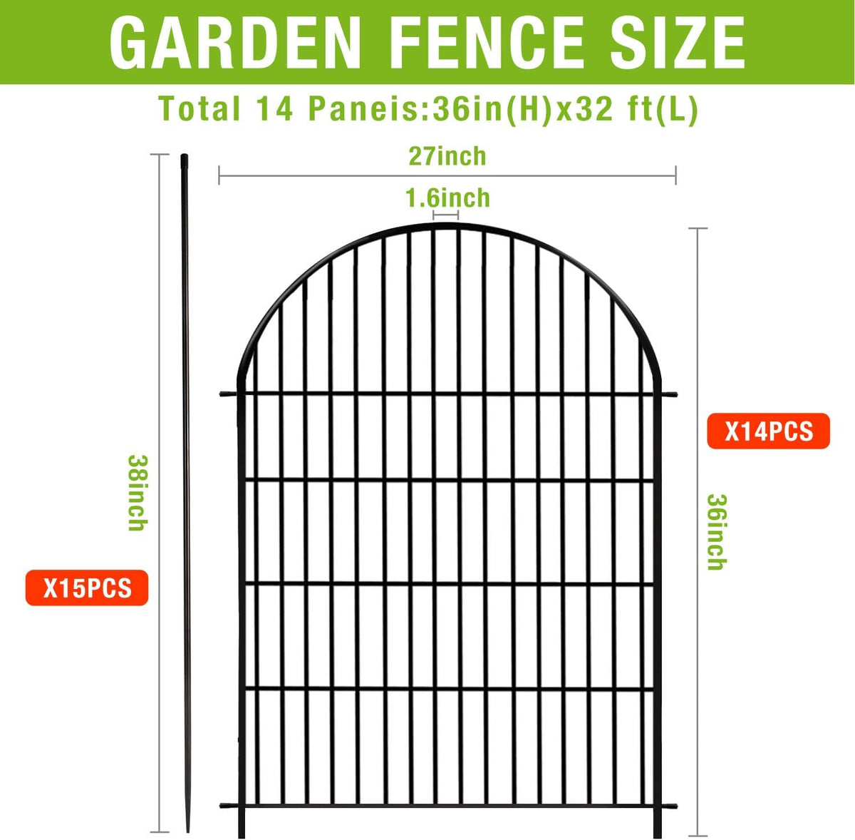 Tall Garden Fence Animal Barrier with Gate,36 in(H) 14 Panels Garden Fences Total 32ft(L) No Dig Temporary Dog Fence for Outdoor Yard, Rustproof Metal Wire Tall Decorative Fencing