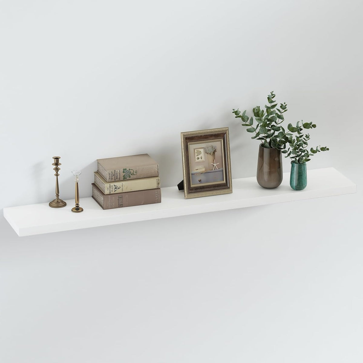 SAUMONIERES Floating Shelves 8 Inch Deep Solid Wood Wide Wall Shelf Set of 1 Wall Mounted for Bedroom Bathroom Living Room Kitchen, 48 Inch White