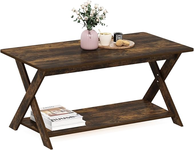 Furinno Modern Simplistic Coffee Table, Rectangle Modern Coffee Table with X-Legs, Criss-Crossed Side Table, for Living Room, Bedroom, Home Office, Amber Pine