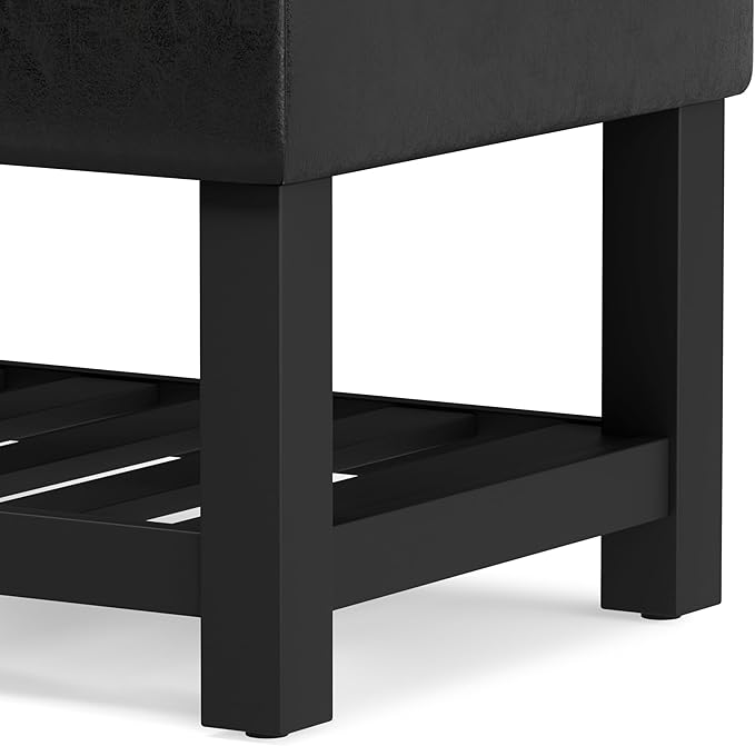 SIMPLIHOME Cosmopolitan Storage Ottoman Bench - 44 inch Wide Upholstered Vegan Leather Rectangle Storage Ottoman in Distressed Black, Transitional Bench for Bedroom with Tufted Lift-Top and Open Shelf