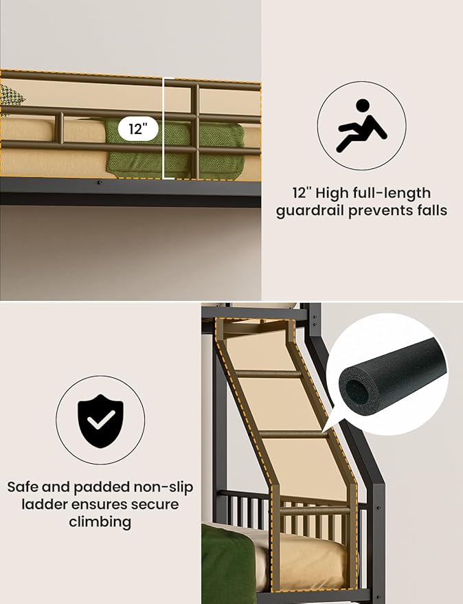 Twin XL Over Queen Bunk Bed for Adults, Heavy Duty Metal Bunk Beds with Safety Guardrails & EVA Padded Ladder, Twin XL Over Queen Bunk Beds Frame with Noise-Free Slats, Space-Saving(Black)