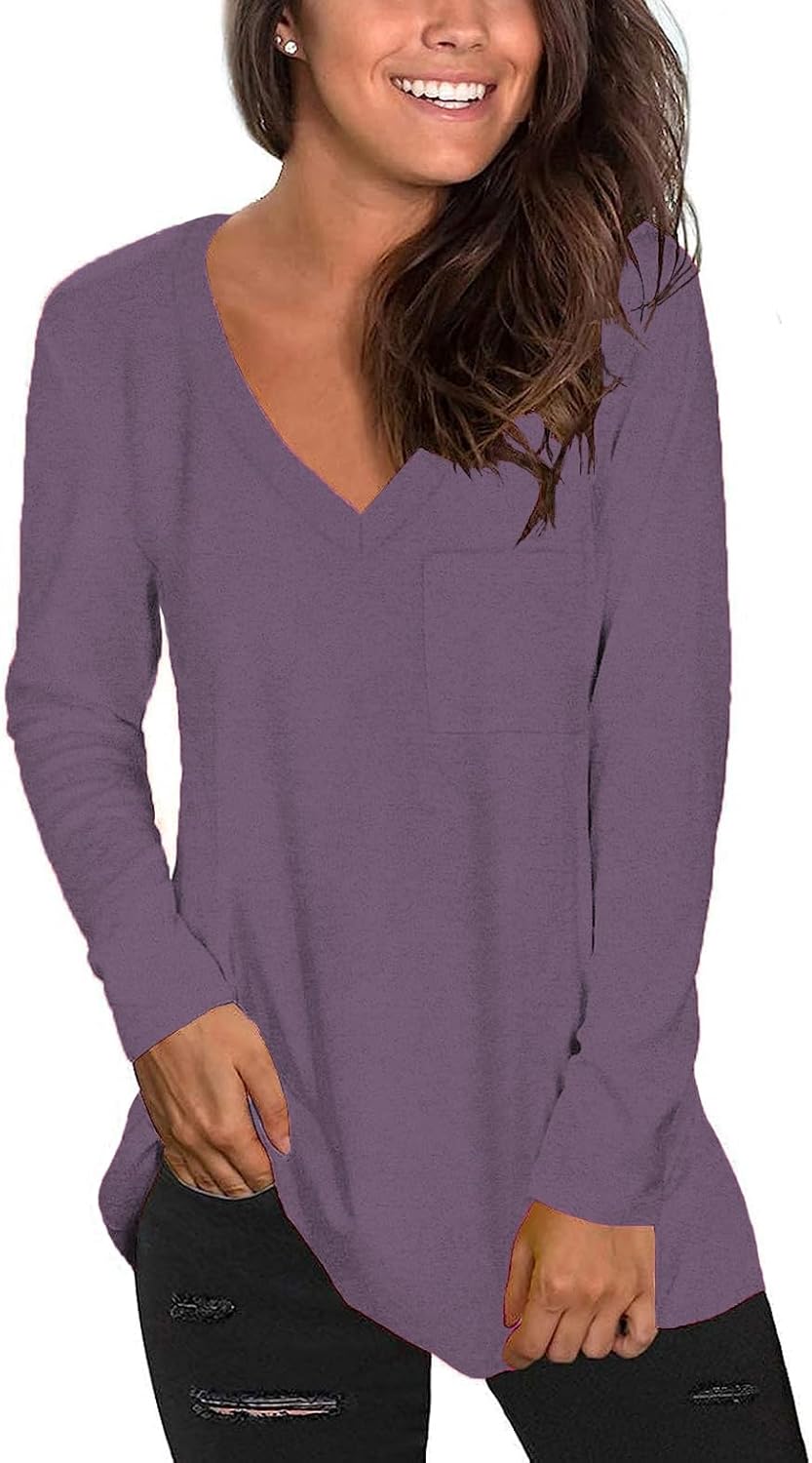 Tobrief Women's Long Sleeve V-Neck Shirts Fall Graphic Tees Loose Casual T-Shirt