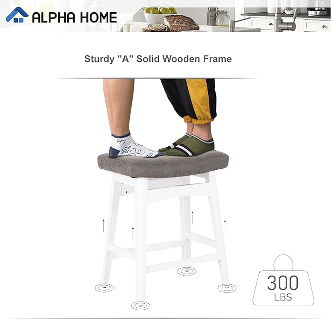 ALPHA HOME Bar Stools Set of 2, Solid Wood Saddle Kitchen Stools with Grey PU Leather Cushion Counter Height Barstools with Wooden Base for Kitchen Dining Cafe, 24 Inch, Grey, 2PCS