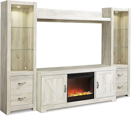 Signature Design by Ashley Bellaby Farmhouse 4-Piece Entertainment Center for TVs up to 72" with Fireplace and LED Lighting, Whitewash
