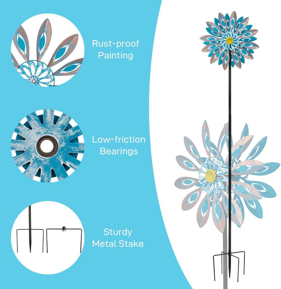 Viveta Wind Spinners,18 * 81" Large Outdoor Wind Spinner,Double-Side Wind Sculpture with 4 Sturdy Stake,Metal Windmill for Yard and Garden