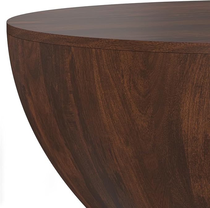 SIMPLIHOME Elmbrook Coffee Table - 34 inch Wide Solid Mango Wood Modern Industrial Round Drum Cocktail Table in Walnut Brown, Sculptural Living Room Table with Low Profile Design, Assembled