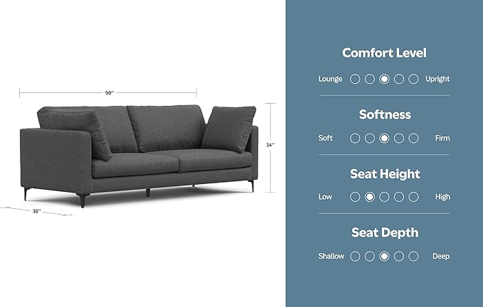 SIMPLIHOME Ava Sofa in 100% Recycled Polyester Tightly Woven Performance Fabric, Pebble Grey, 90-inches Wide, Handcrafted Mid-Century Modern Style Sofa for Living Room or Couch for Family Room