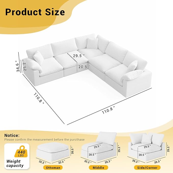 Cloud White Modular Couch for Living Room,5 Seat V Shape Linen Blend Sofas,Modern Deep Seat Cloud Sofas,Convertible Comfort Down Filled Sectional Couches,Removable Washable Cushion Covers