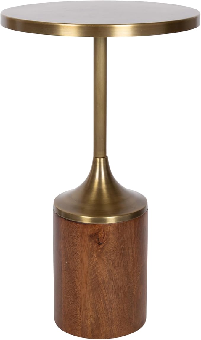 Kate and Laurel Whelan Modern Metal Round Side Table, 14 x 14 x 24, Antique Brass and Walnut Brown, Transitional Sculptural Indoor Plant Stand for Living Room End Table or Bedroom Nightstand