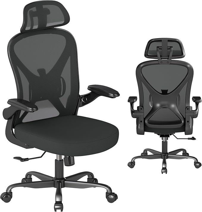 Ergonomic Office Chair Mesh Home Office Desk Chair with Adjustable Backrest and Headrest, Flip-up Armrests, Black