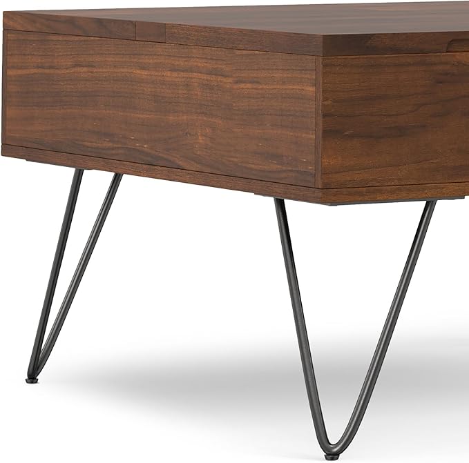 SIMPLIHOME Hunter Lift Top Coffee Table - 32 inch Wide Solid Walnut Veneer and Metal Industrial Square Cocktail Table, Living Room Table with Dual Lift Tops, Hidden Storage and Hairpin Legs