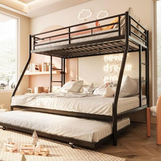SUNLEI Metal Bunk Beds with Double Secured Ladders, Twin Over Full Bunk Bed with Surrounded Safety Guardrails, Space Saver Twin Beds, Noise Free for Small Bedroom, with Trundle, Black
