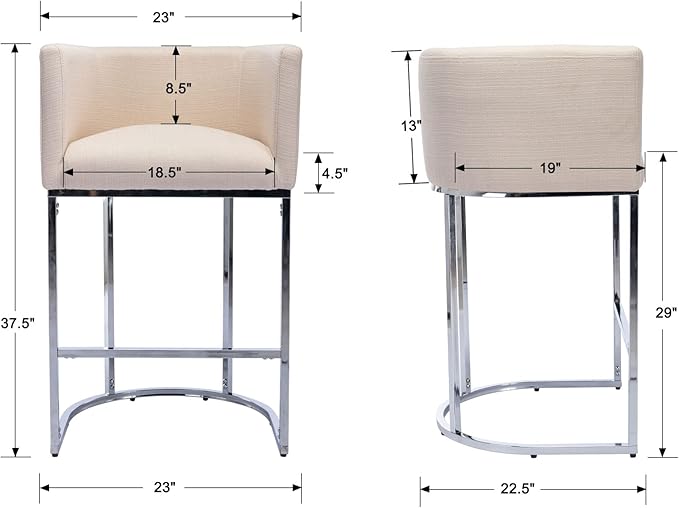 Contemporary Cream Linen Bar Stool, 29" Upholstered Fabric Counter Height Barstool Kitchen Counter Island Stool with Screwed Together Chrome Finish Base