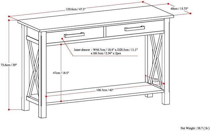 SIMPLIHOME Kitchener Console Table - 47 Inch Wide Solid Wood Sofa Table in White, Contemporary Storage Table for Entryway or Living Room with 2 Drawers, Bottom Shelf, and X-Design Side Panels