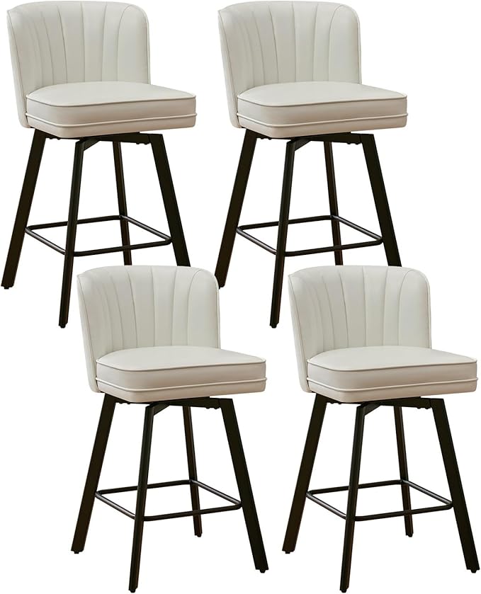 Swivel Counter Height Bar Stools Set of 4, 26'' Modern Barstools with Backs and Metal Legs, Upholstered Bar Chairs, Faux Leather White Stools for Kitchen Island Chairs