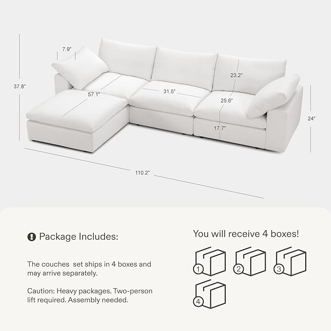 Modular Cloud Sofa, 110.2" Cloud Sectional Couches with Deep Seat, L-Shape 3-Seat Couch with Ottoman for Living Room, Modern Comfy Couch with Washable Cover, Wide Armrest (White,1 Ottoman)