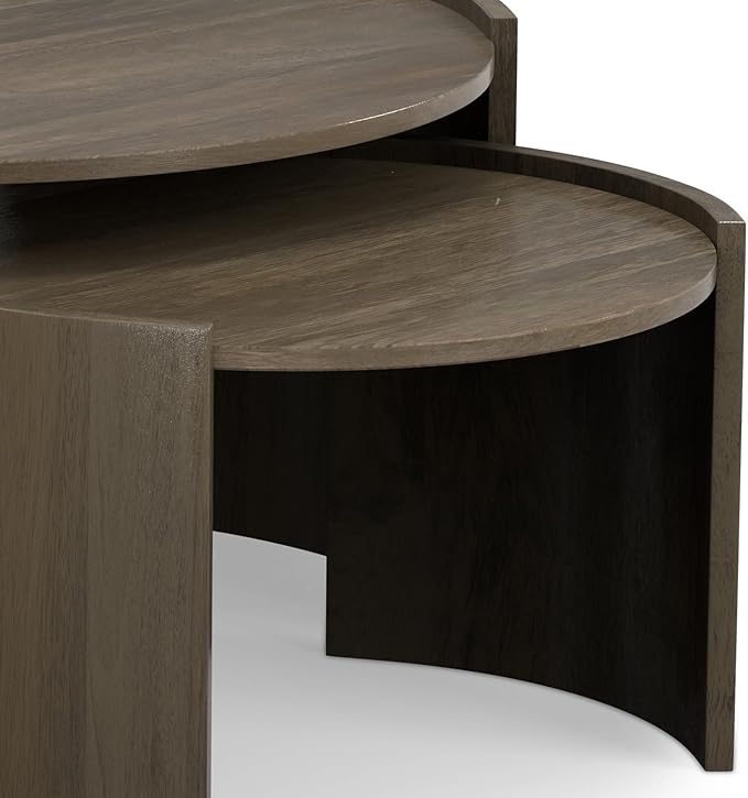 SIMPLIHOME Robin 2-Piece Nesting Coffee Table Set - 32 and 23 inch Wide Solid Mango Wood Round Living Room Tables in Ash Grey, Modern Space-Saving Center Table Set with Curved Legs, Assembled