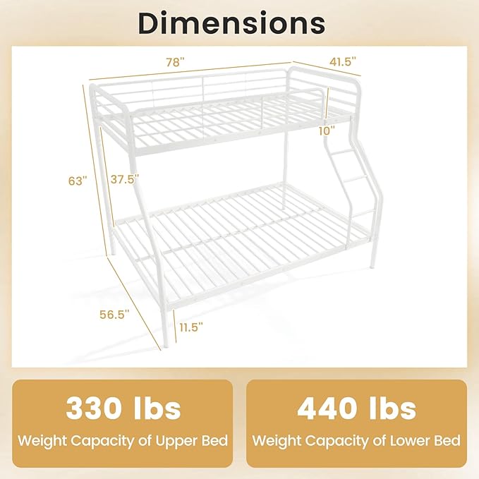 Giantex Metal Bunk Beds Twin Over Full Size, Heavy Duty Bunk Bed for Teens Adults with Ladder & Guardrails, Space Saving Metal Bunk Bed for Dorm, Bedroom, Apartment, No Box Spring Needed (White)