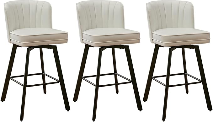 Swivel Counter Height Bar Stools Set of 3, 30'' Modern Barstools with Backs and Metal Legs, Upholstered Bar Chairs, Faux Leather White Stools for Kitchen Island Chairs