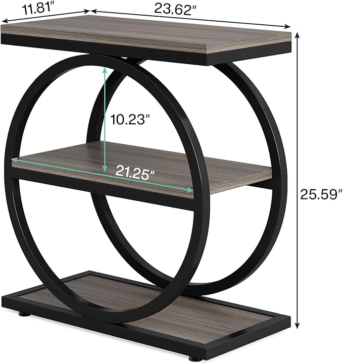 LITTLE TREE 3-Tier End Table, Grey Side End Table with Storage Shelves, Small Sofa Side Table for Living Room, Slim Nightstand and Bedside Table with Black Double Round Metal Legs