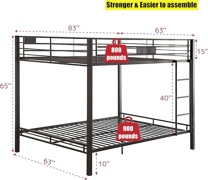 Higher Quality & Stronger Heavy Duty Industrial Style Metal Queen Over Queen Bunk Bed, Thickened More Stable Black Steel Bunkbed (Easier to Assemble)