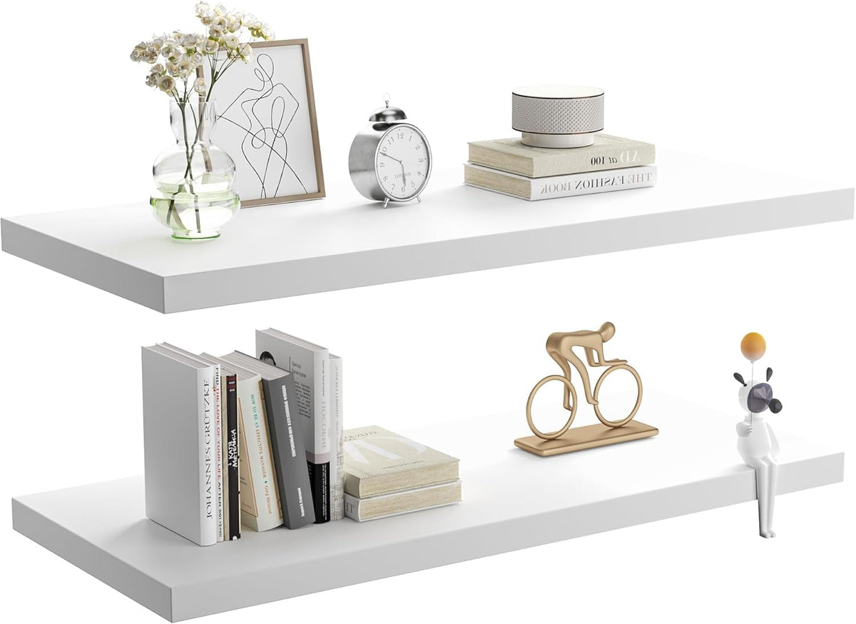 Wall Shelf Set of 2, White Floating Shelves 36 in W x 10 in D x 1 in H, Wooden Floating Wall Shelf with Invisible Brackets for Living Room/Bedroom/Bathroom/Kitchen Storage and Decor