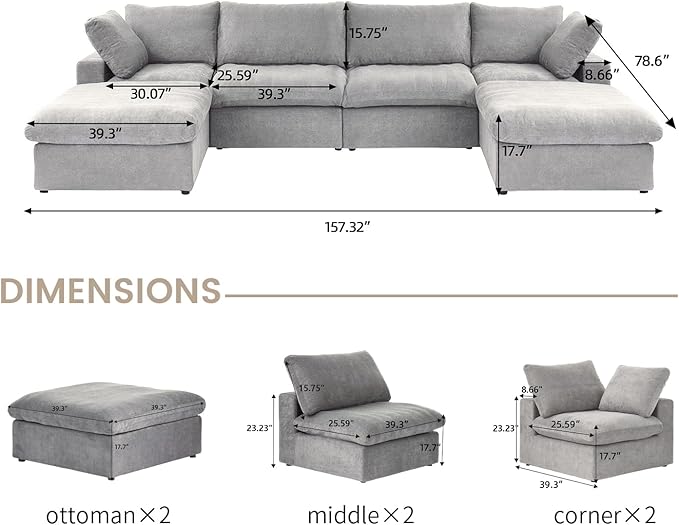 160.6'' Cloud Couch Modular Sectional Sofa with Thick Cushion,U Shaped Sofa Convertible Couch with Storage Ottomans for Living Room,Cover Washable & Removables