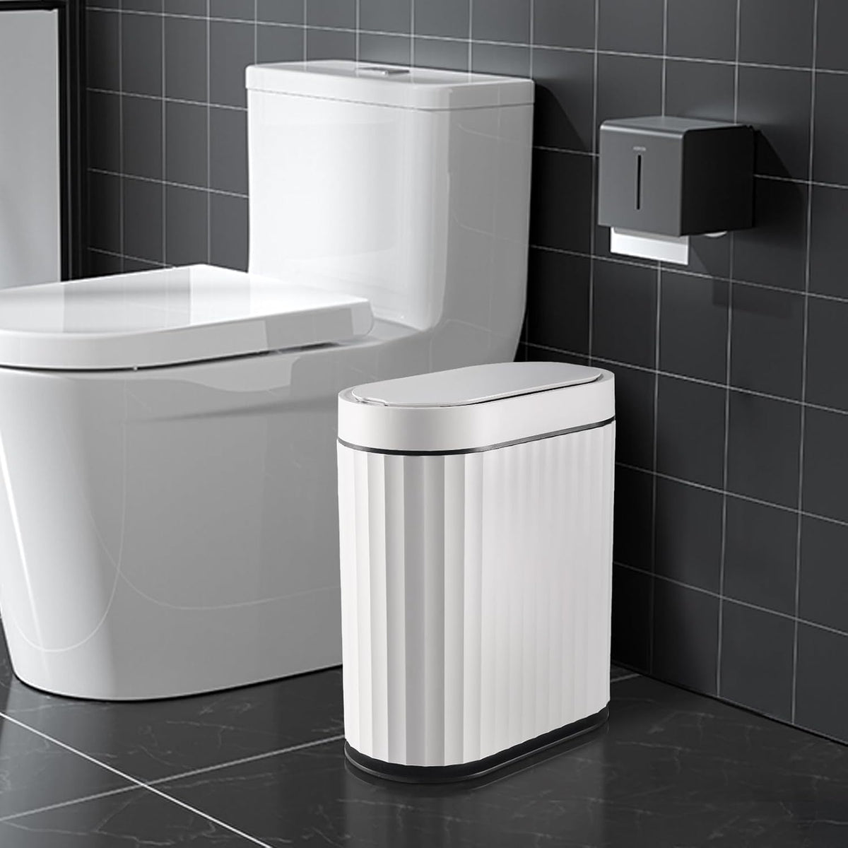 ELPHECO Bathroom Trash Can with Lid 2 Gallon Small Sensor Garbage Can, 9 Liter Slim Smart Trash Bin, Waterproof Automatic Wastebasket, Narrow Plastic Garbage Bin for Bathroom, Black and White